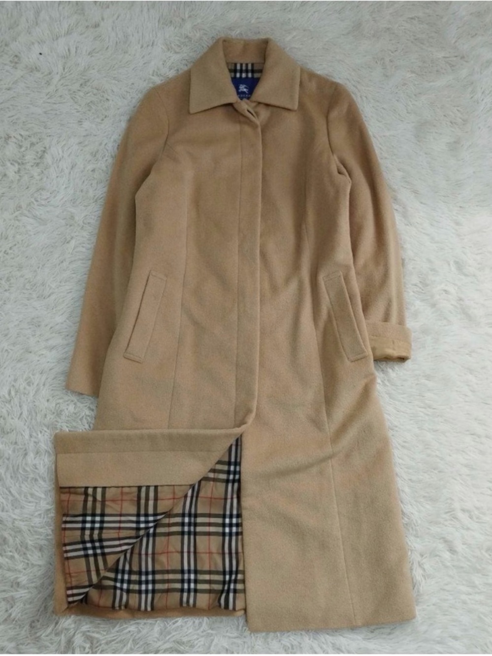 Burberry Camel Wool Single-Breasted Long Coat with Signature Check Lining